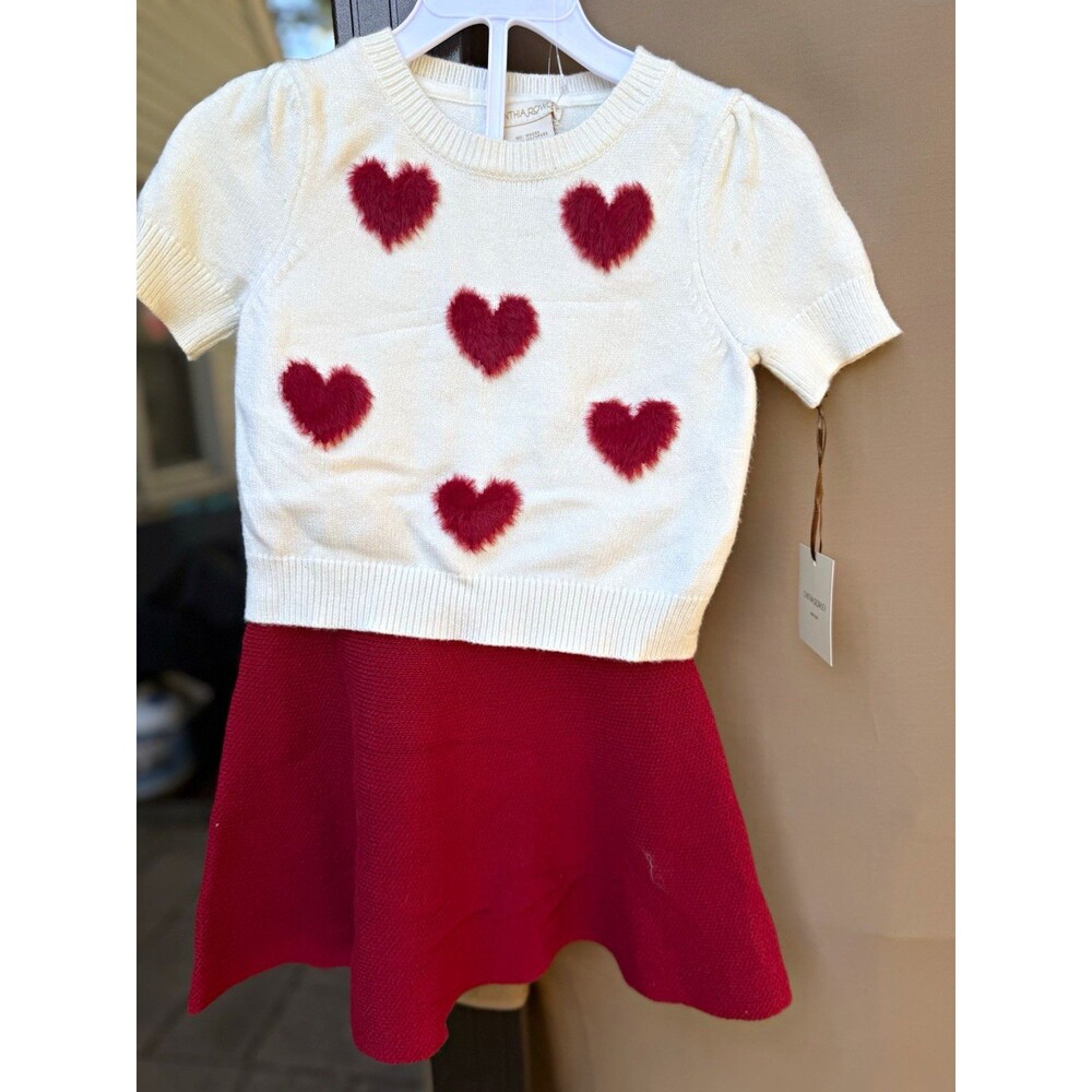 Cynthia Rowley Girls 4 Knit skirt set Short Sleeve Heart White/Red Rayon
